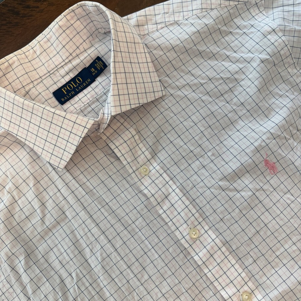 Polo Ralph Lauren Shirt Mens 18 34/35 White Check Classic Fit Dress Long Sleeve